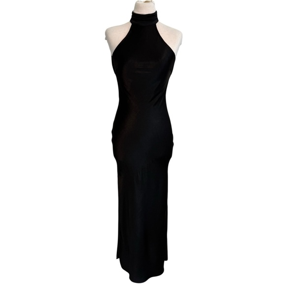 Satin Drape Back Maxi Dress with Split Black Small - Picture 7 of 15